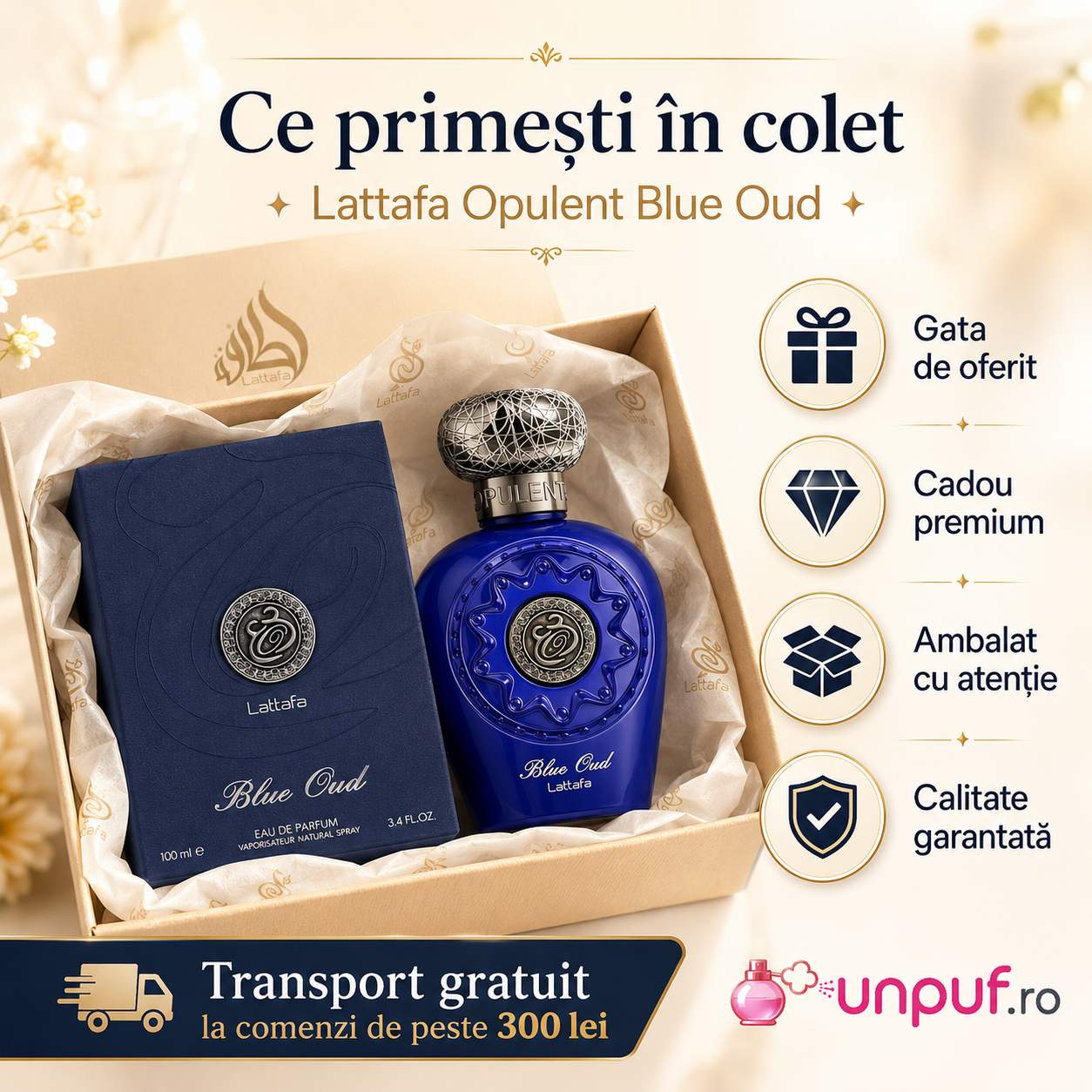 Ce primești &icirc;n colet Lattafa Opulent Blue Oud 100 ml, parfum cadou premium, ambalat cu atenție